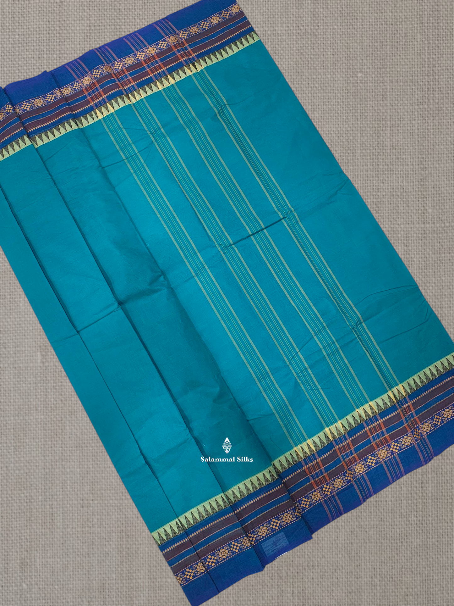 Peacock Blue Beautiful Chettinad Plain Pure Cotton Saree With Traditional Temple Thread Work Border