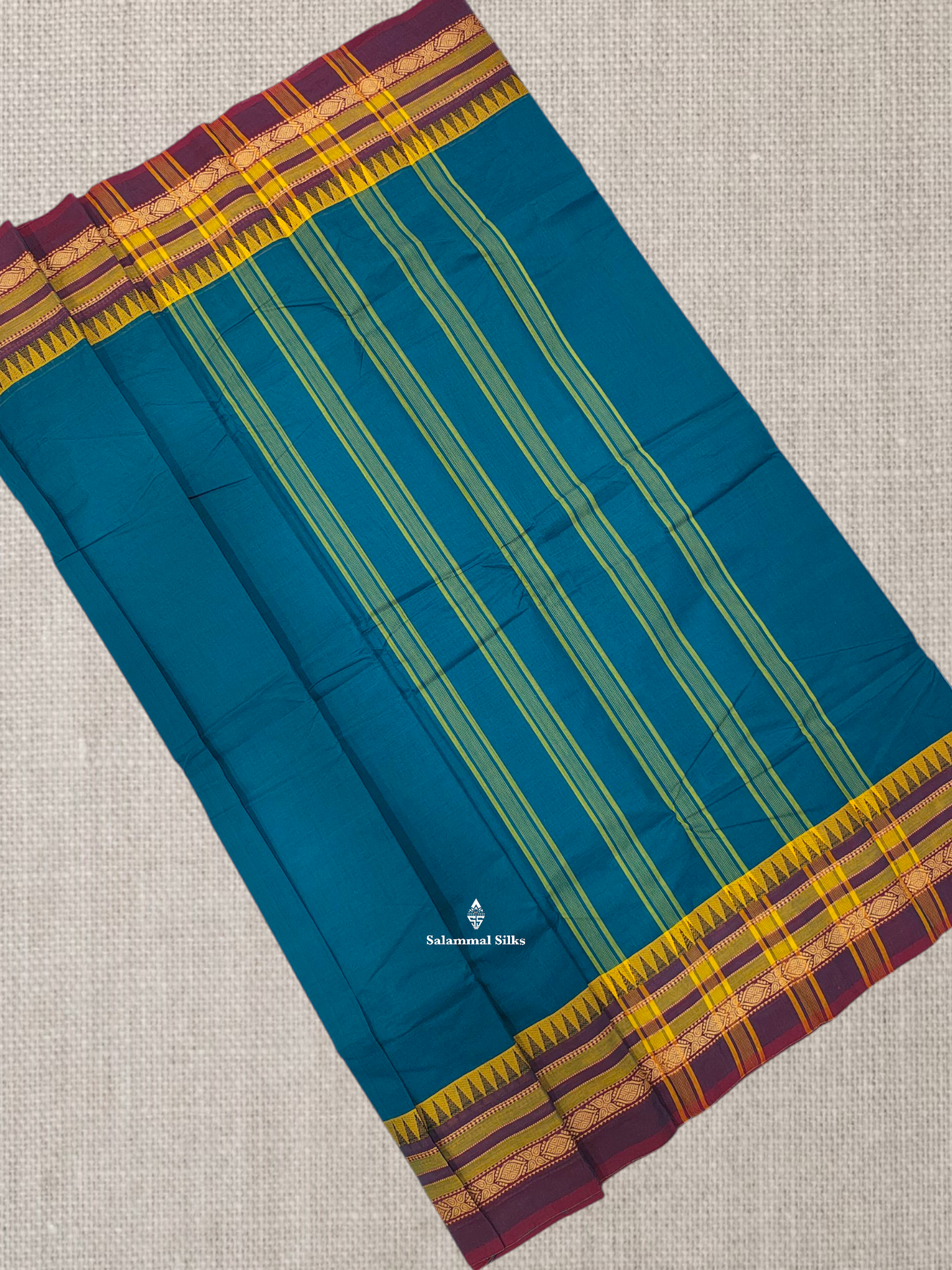 Peacock Blue Beautiful Chettinad Plain Pure Cotton Saree With Traditional Temple Thread Work Border