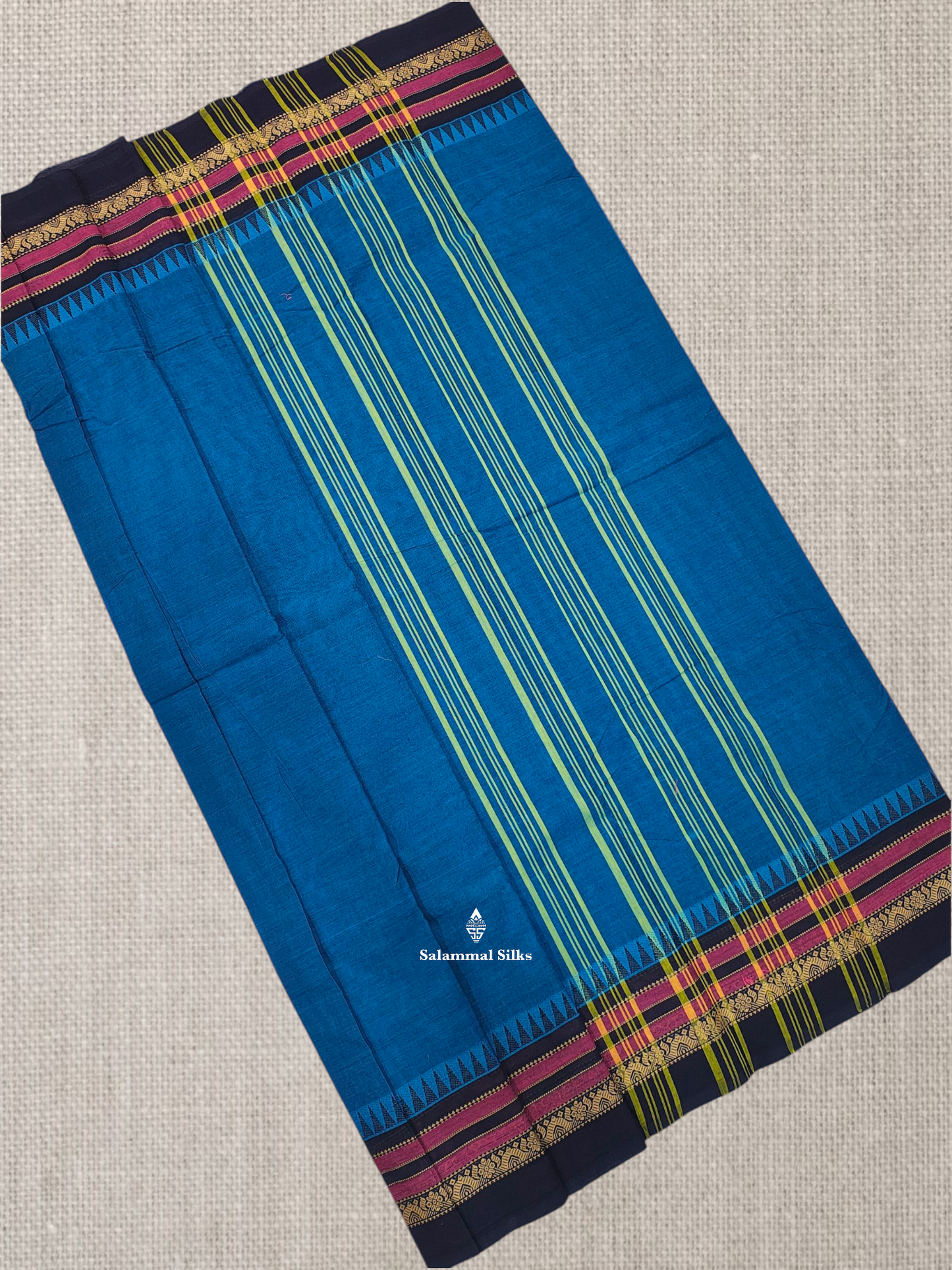 Peacock Blue Beautiful Chettinad Plain Pure Cotton Saree With Traditional Temple Thread Work Border