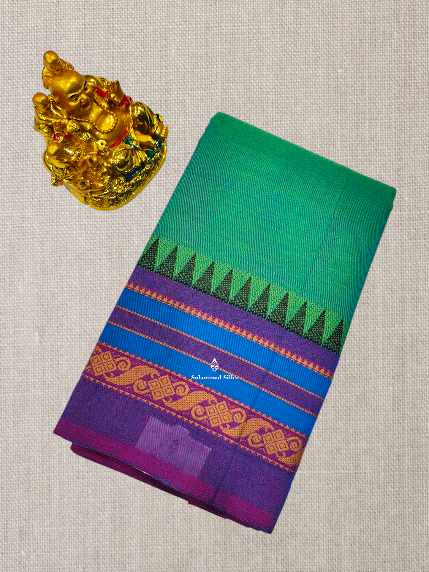 Peacock Blue Beautiful Chettinad Plain Pure Cotton Saree With Traditional Temple Thread Work Border