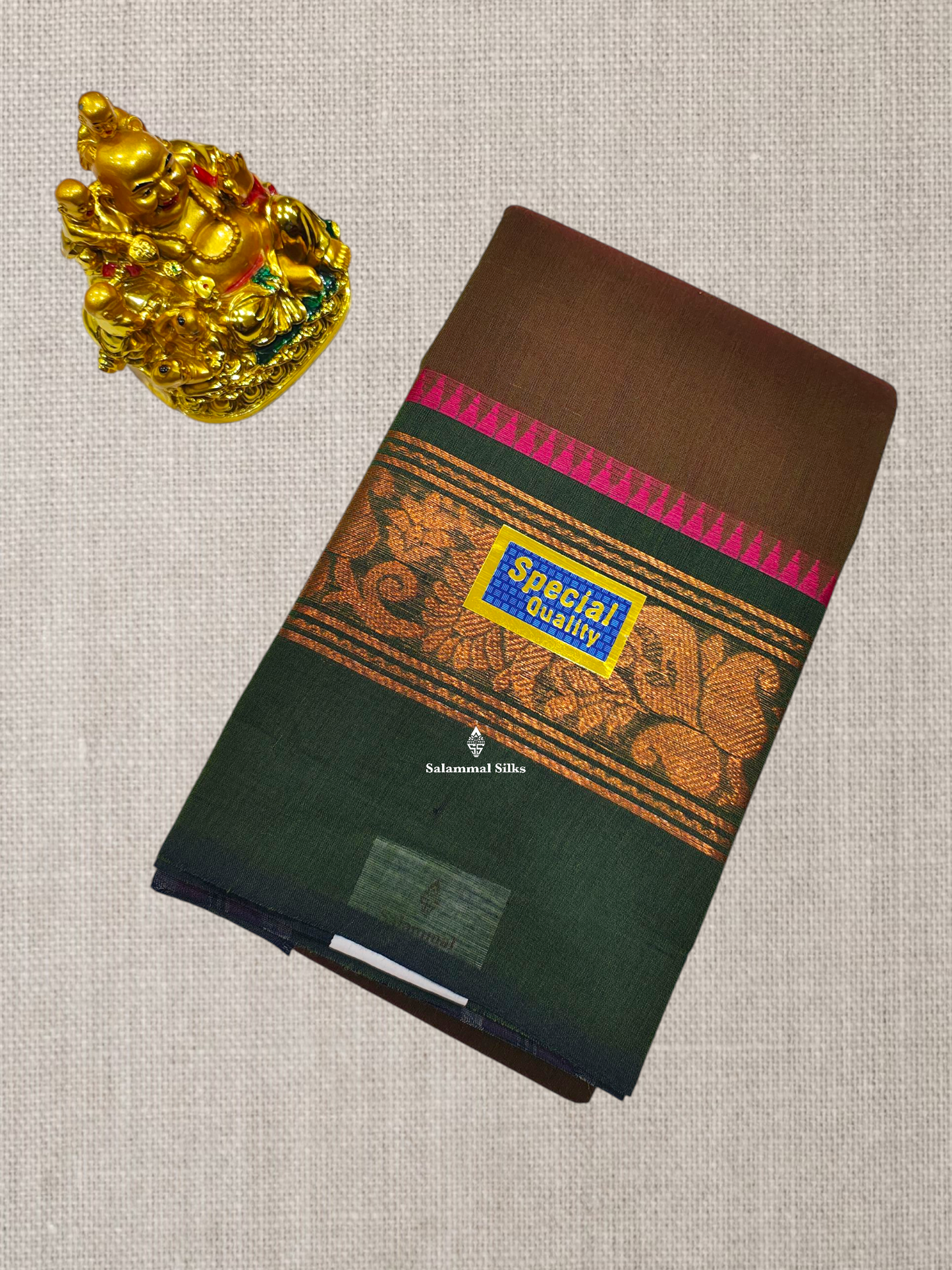 Grey Beautiful Chettinad Plain Pure Cotton Saree With Traditional Small Temple And Zari Border