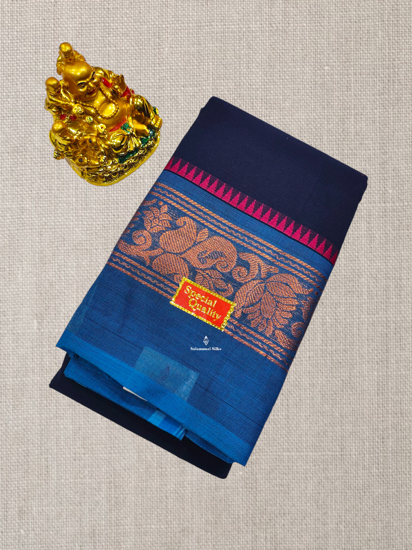 Grey Beautiful Chettinad Plain Pure Cotton Saree With Traditional Small Temple And Zari Border