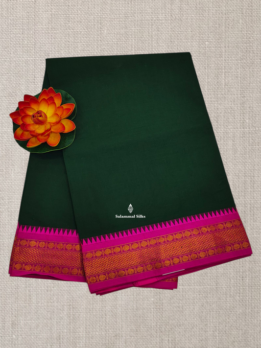 Bottle Green Plain Pure Cotton Saree With Magenta Pink Traditional Temple Border