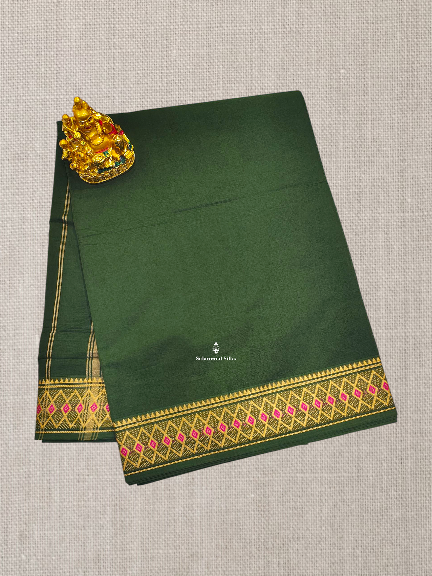 9 Yards Beautiful Parrot Green Plain Pure Cotton Saree With MeenaKari Thread Work Border