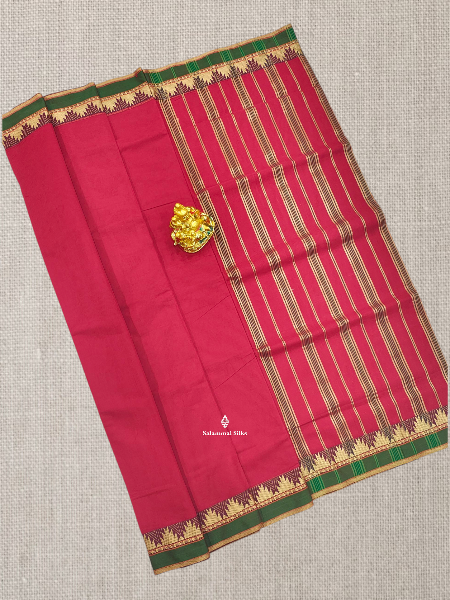 9 Yards Beautiful Reddish Pink Plain Pure Cotton Saree With Maroon Traditional Temple Border