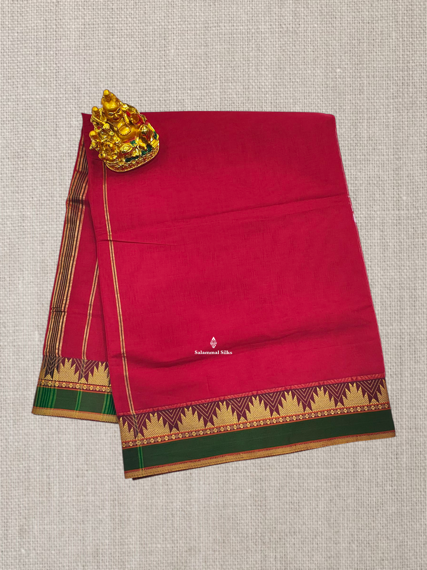 9 Yards Beautiful Reddish Pink Plain Pure Cotton Saree With Maroon Traditional Temple Border