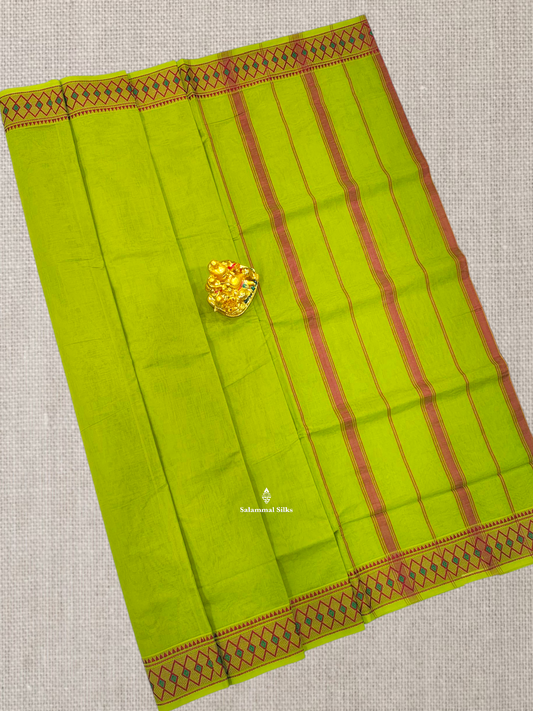 9 Yards Beautiful Parrot Green Plain Pure Cotton Saree With MeenaKari Thread Work Border
