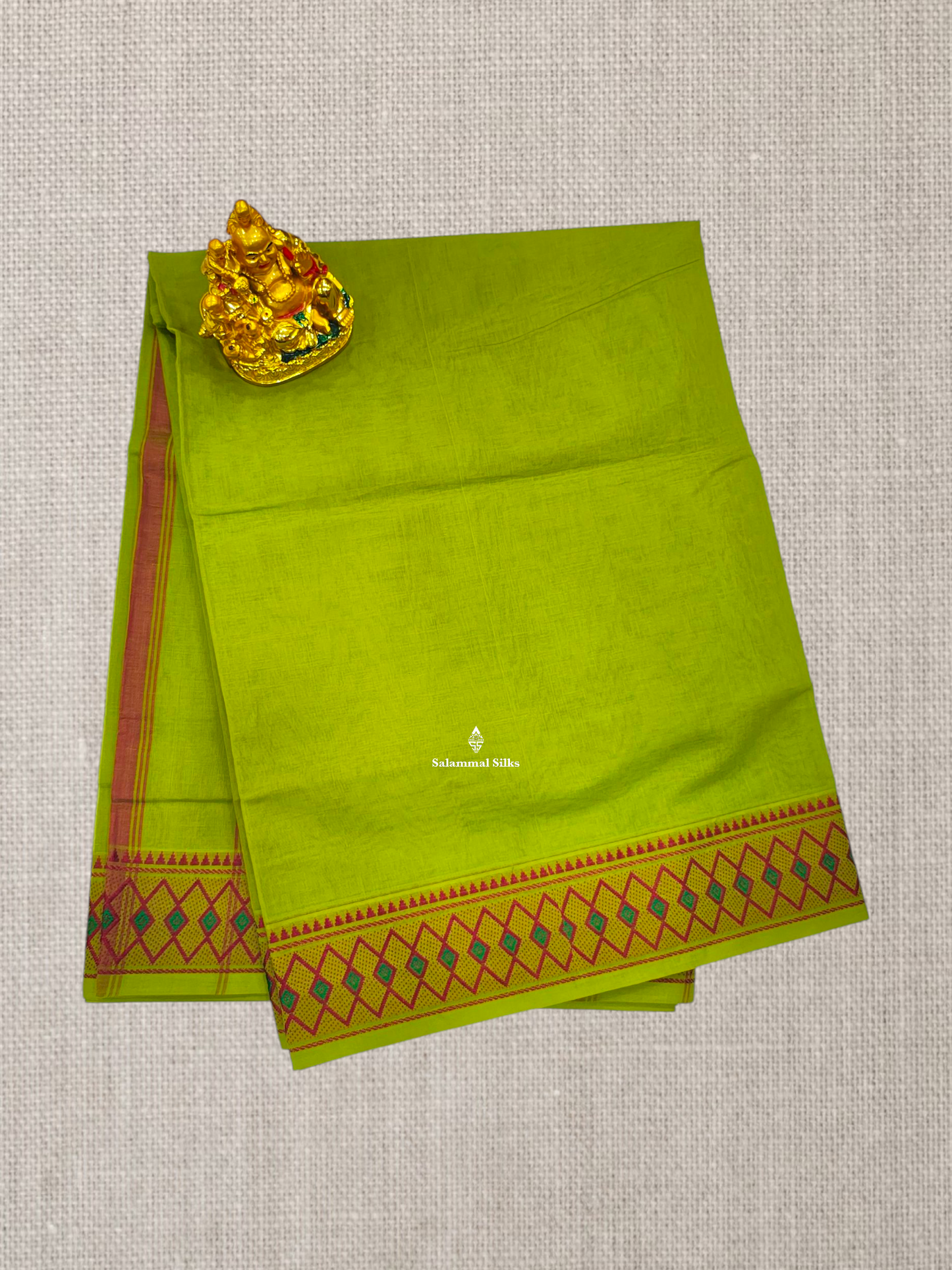 9 Yards Beautiful Parrot Green Plain Pure Cotton Saree With MeenaKari Thread Work Border
