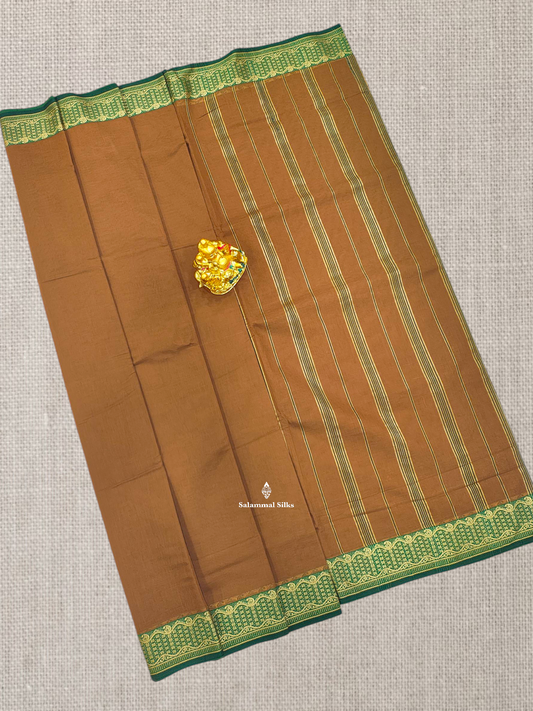 9 Yards Beautiful Light Brown Plain Pure Cotton Saree With Green Thread Work Border