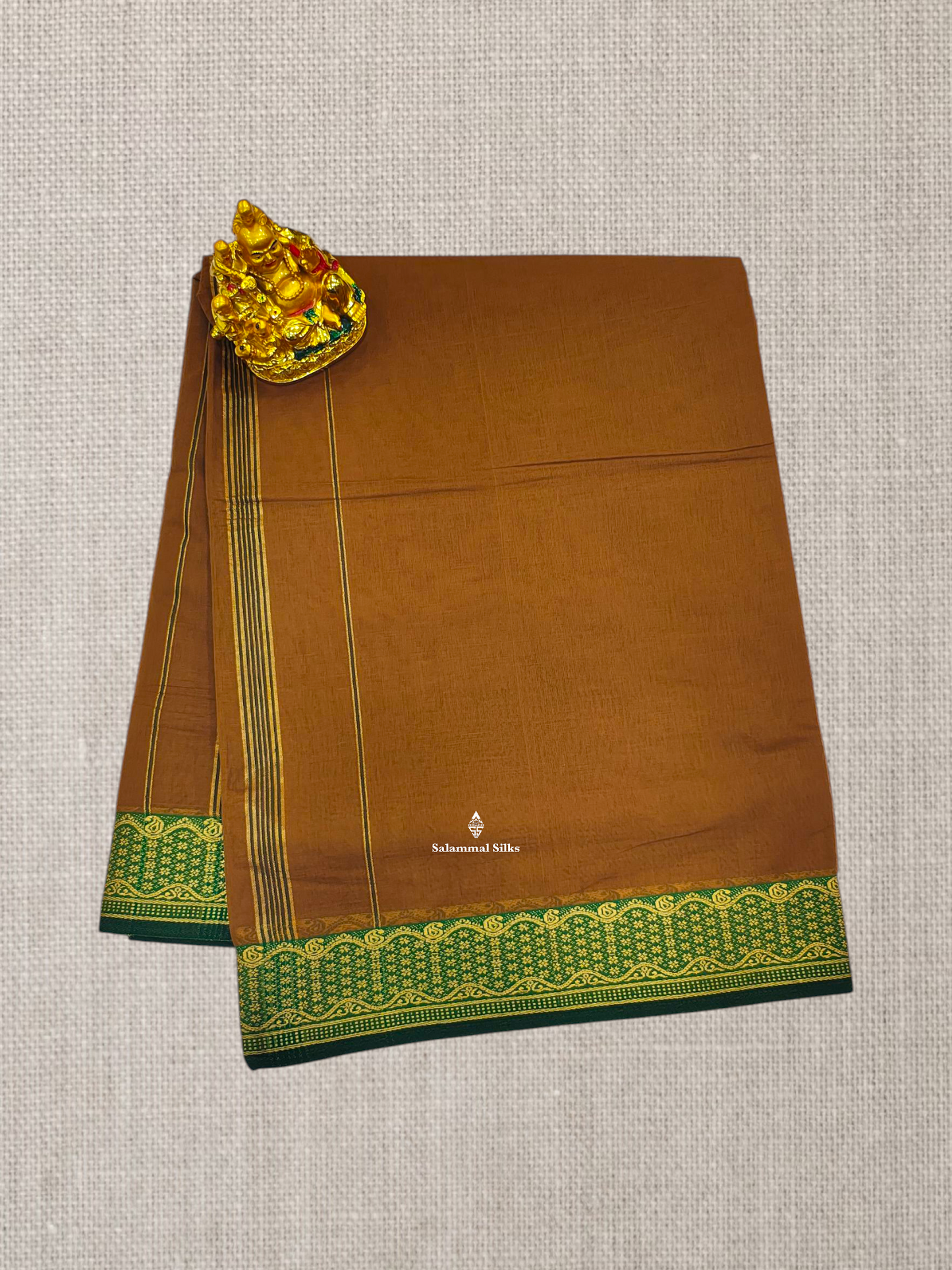 9 Yards Beautiful Light Brown Plain Pure Cotton Saree With Green Thread Work Border