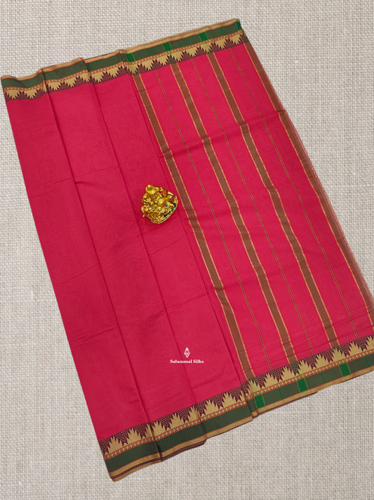 9 Yards Beautiful Reddish Pink Plain Pure Cotton Saree With Maroon Traditional Temple Border