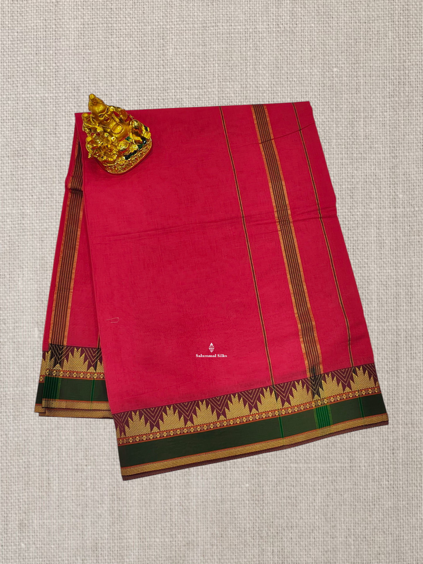 9 Yards Beautiful Reddish Pink Plain Pure Cotton Saree With Maroon Traditional Temple Border