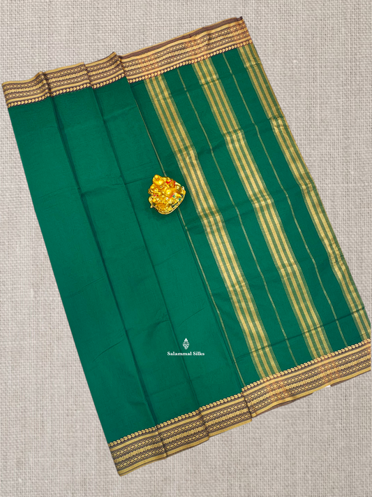 9 Yards Beautiful Bottle Green Plain Pure Cotton Saree With Brown Border