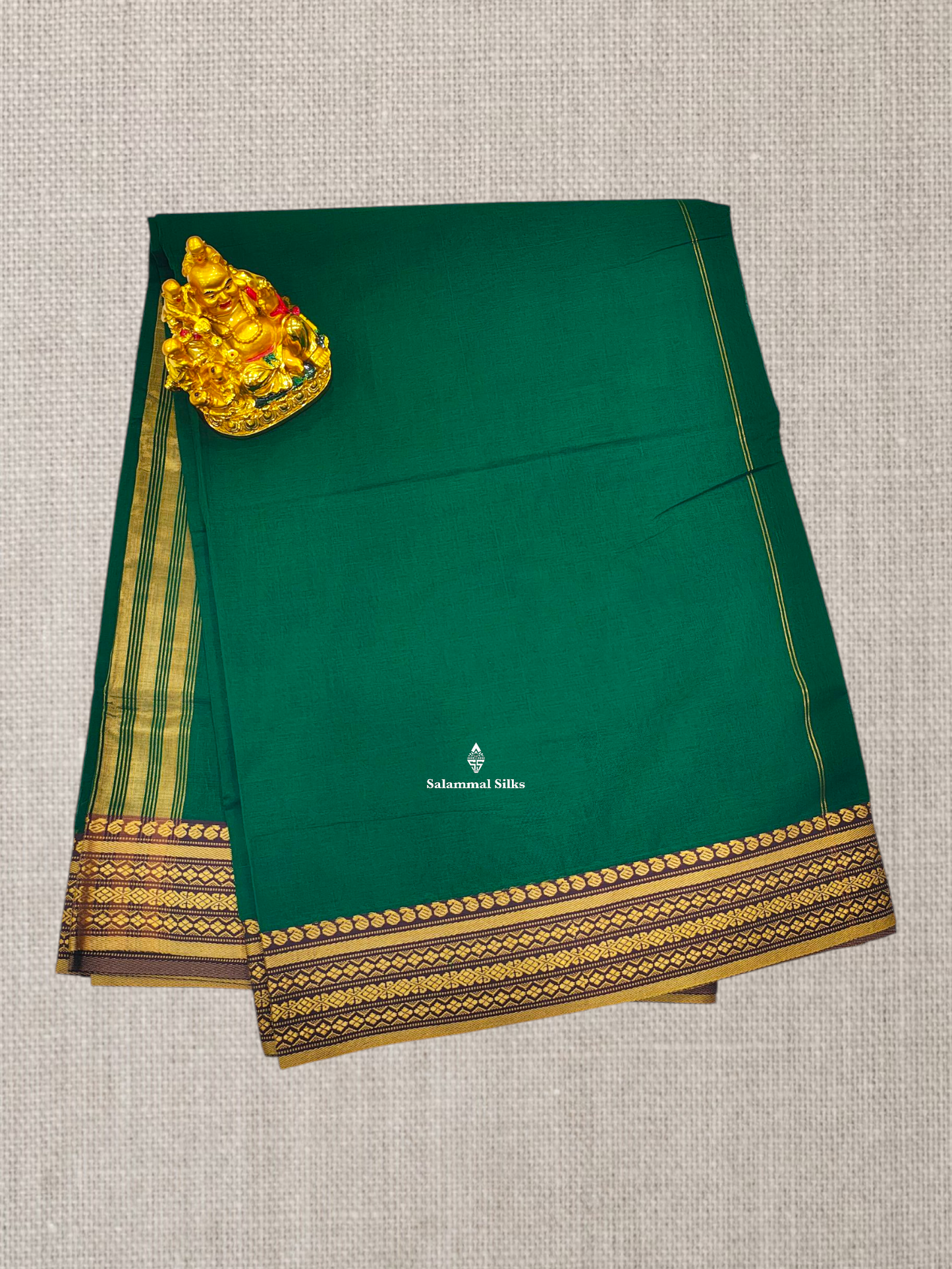 9 Yards Beautiful Bottle Green Plain Pure Cotton Saree With Brown Border