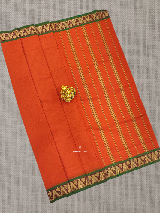9 Yards Beautiful Orange Plain Pure Cotton Saree With Maroon Border