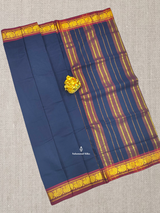 9 Yards Beautiful Navy Blue Plain Pure Cotton Saree With Maroon Border