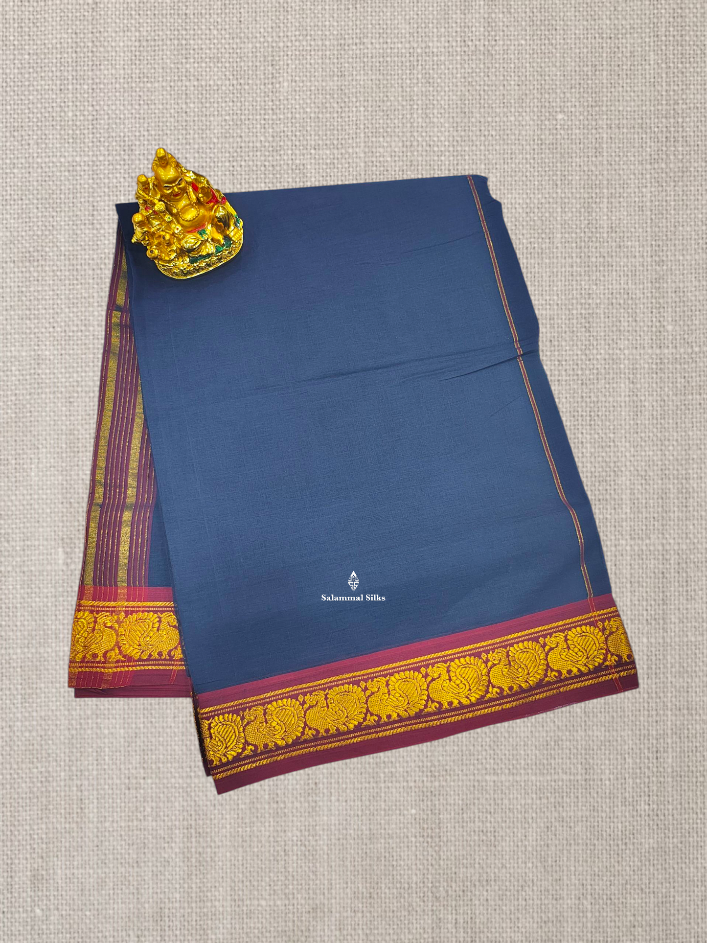 9 Yards Beautiful Navy Blue Plain Pure Cotton Saree With Maroon Border