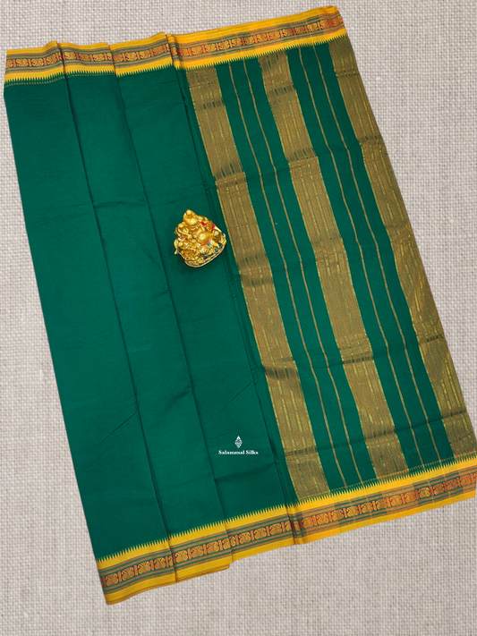 9 Yards Beautiful Green Plain Pure Cotton Saree With Multicolour Border