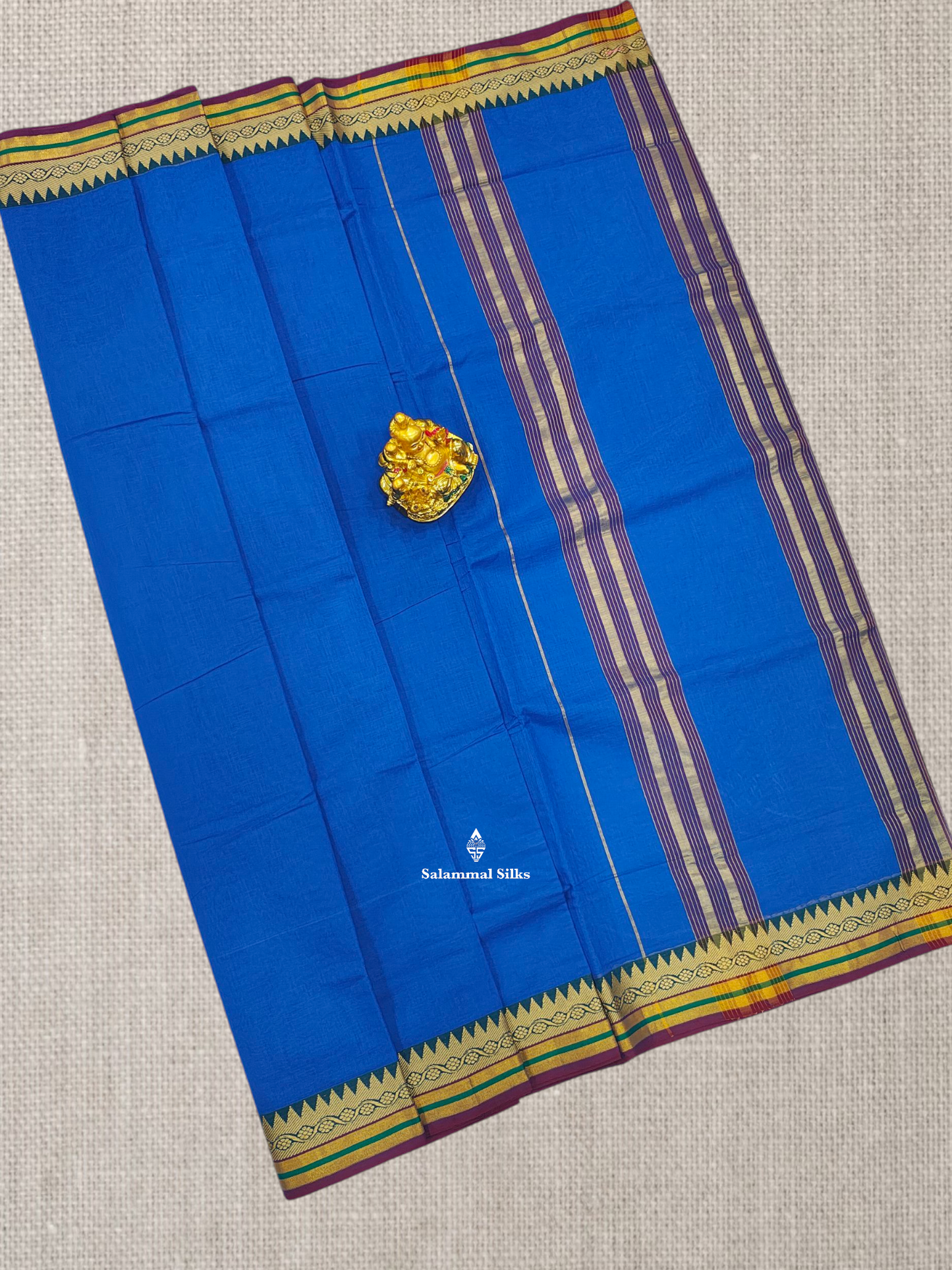 9 Yards Beautiful Ramar Blue Plain Pure Cotton Saree With Multicolour Zari Border