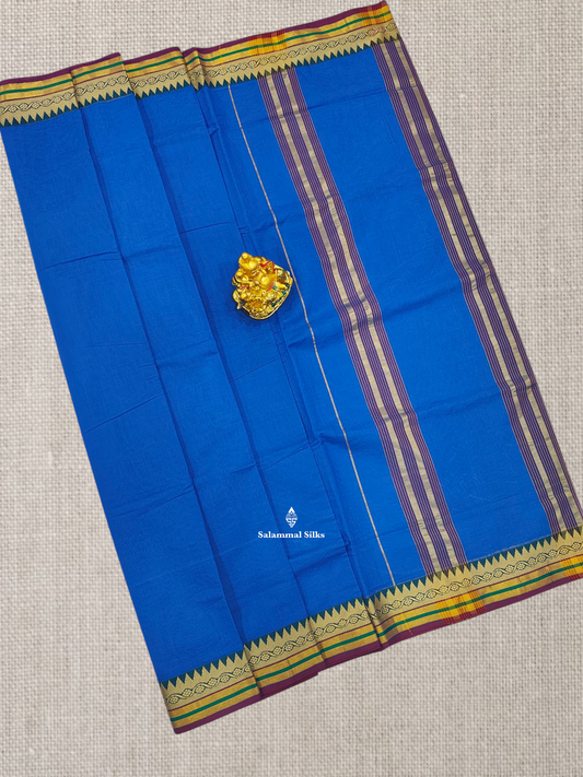 9 Yards Beautiful Ramar Blue Plain Pure Cotton Saree With Multicolour Zari Border