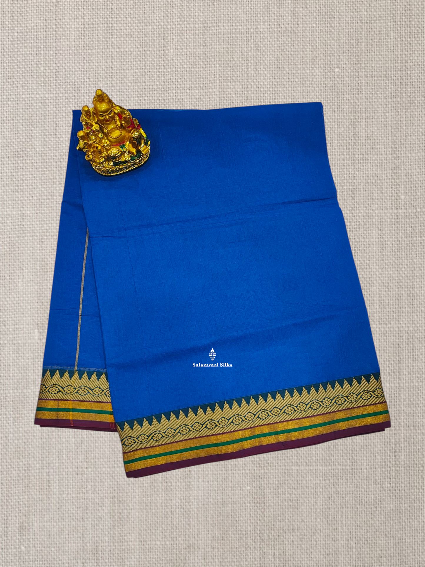 9 Yards Beautiful Ramar Blue Plain Pure Cotton Saree With Multicolour Zari Border