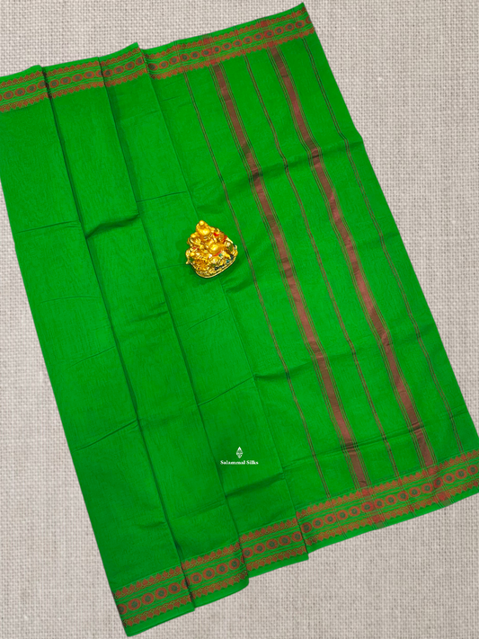 9 Yards Beautiful Light Green Plain Pure Cotton Saree With Meena Kari Thread Work Border