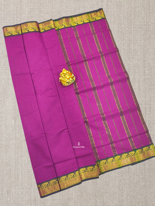 9 Yards Beautiful Magenta Plain Pure Cotton Saree With Green  Border