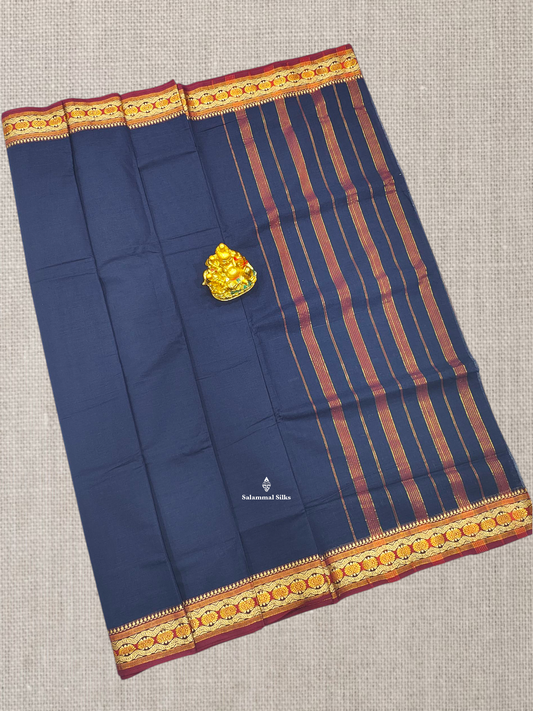 9 Yards Beautiful Navy Blue Plain Pure Cotton Saree With Maroon Border