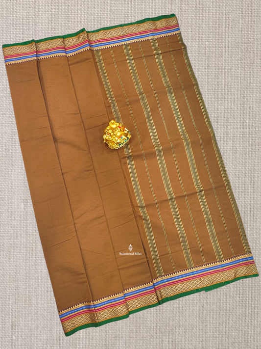 9 Yards Beautiful Light Brown Plain Pure Cotton Saree With Multicolour Border