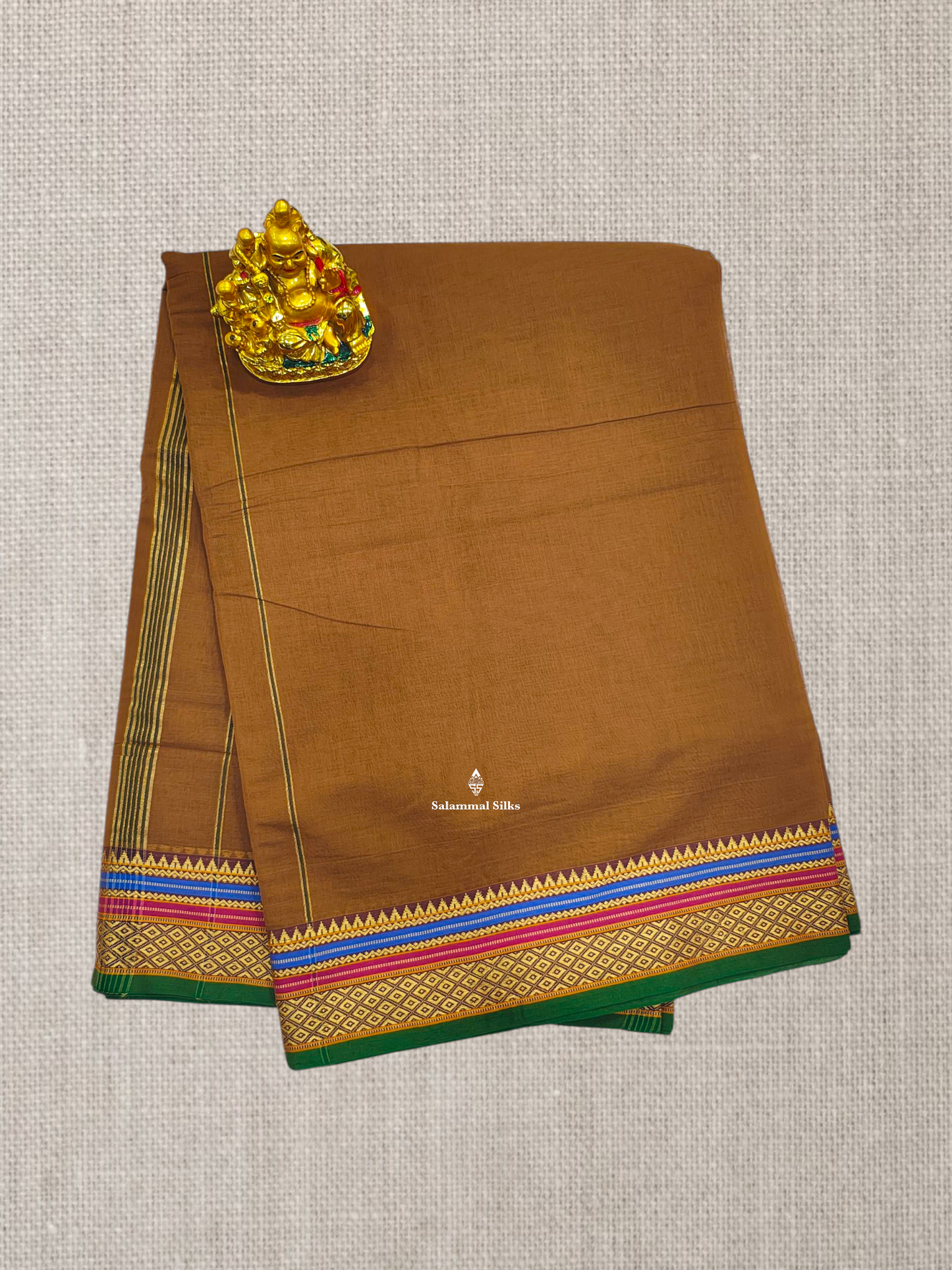 9 Yards Beautiful Light Brown Plain Pure Cotton Saree With Multicolour Border