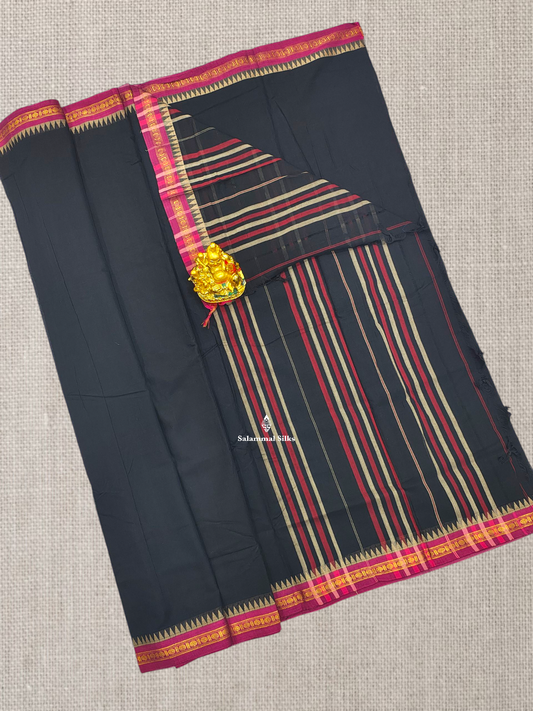 Black Plain Pure Cotton Saree With Majanta Traditional Temple Border