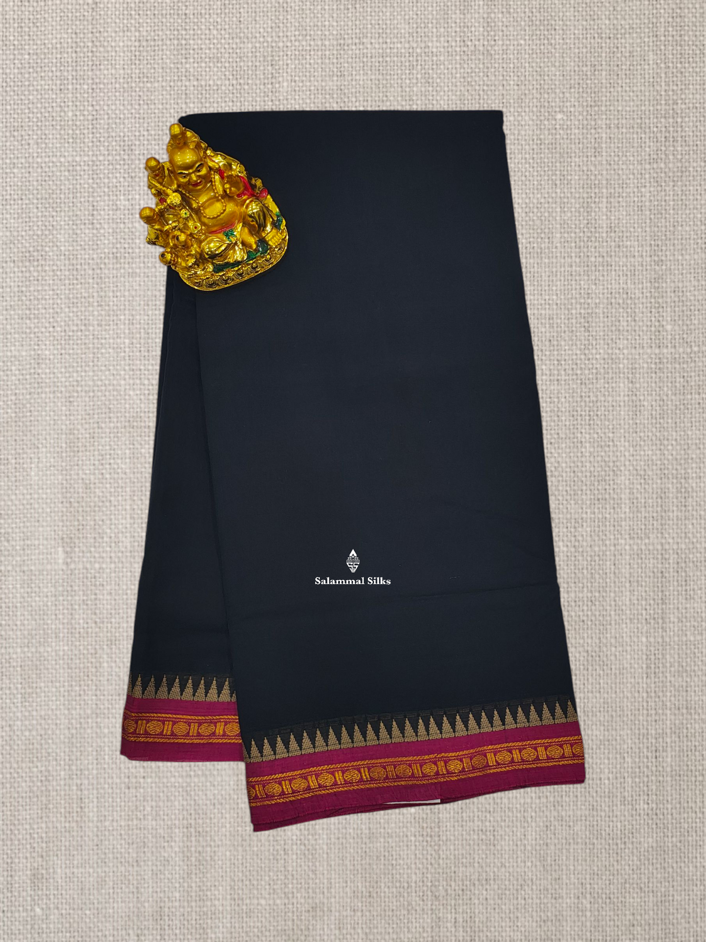Black Plain Pure Cotton Saree With Majanta Traditional Temple Border
