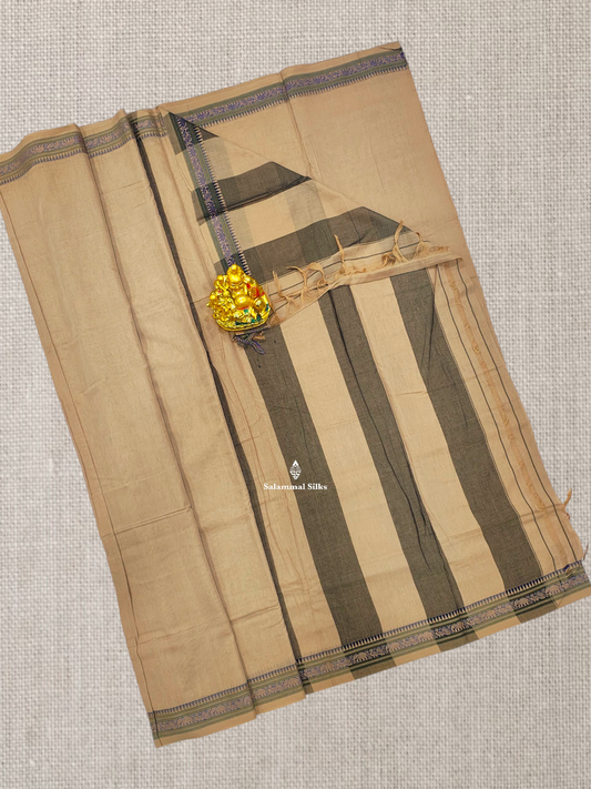 Sandal Plain Pure Cotton Saree With Beautiful Thread Work Border