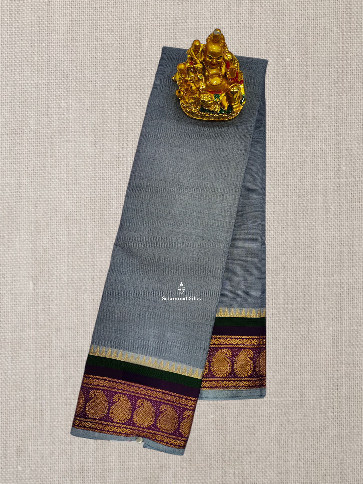 Beautiful Ash Chettinad Plain Pure Cotton Saree With Magenta Traditional Border