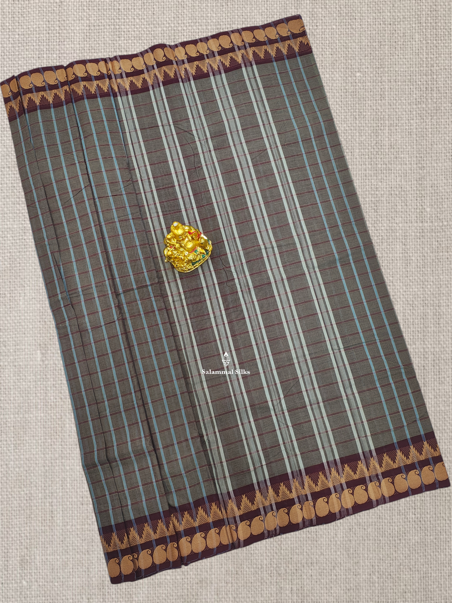 Beautiful Grey Thread Checks Chettinad Pure Cotton Saree With Dark Brown Traditional temple Border