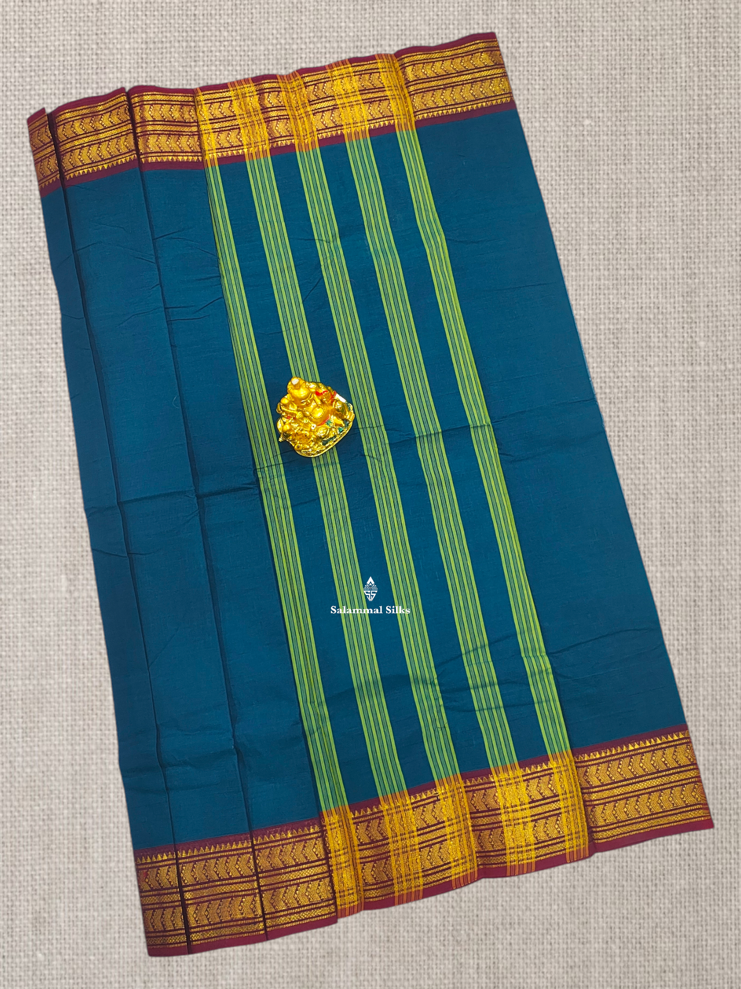 Peacock Blue Beautiful Chettinad Plain Pure Cotton Saree With Maroon Traditional Border