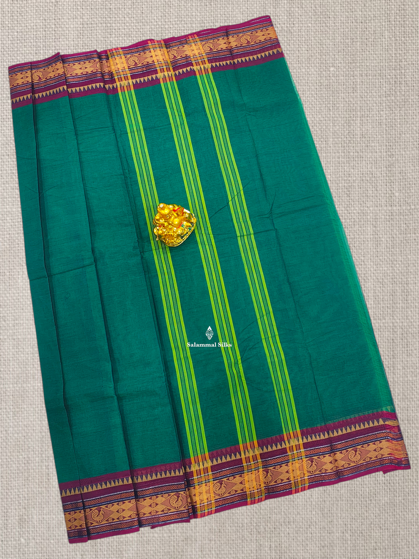 Dual Tone Green Beautiful Chettinad Plain Pure Cotton Saree With Violet Border