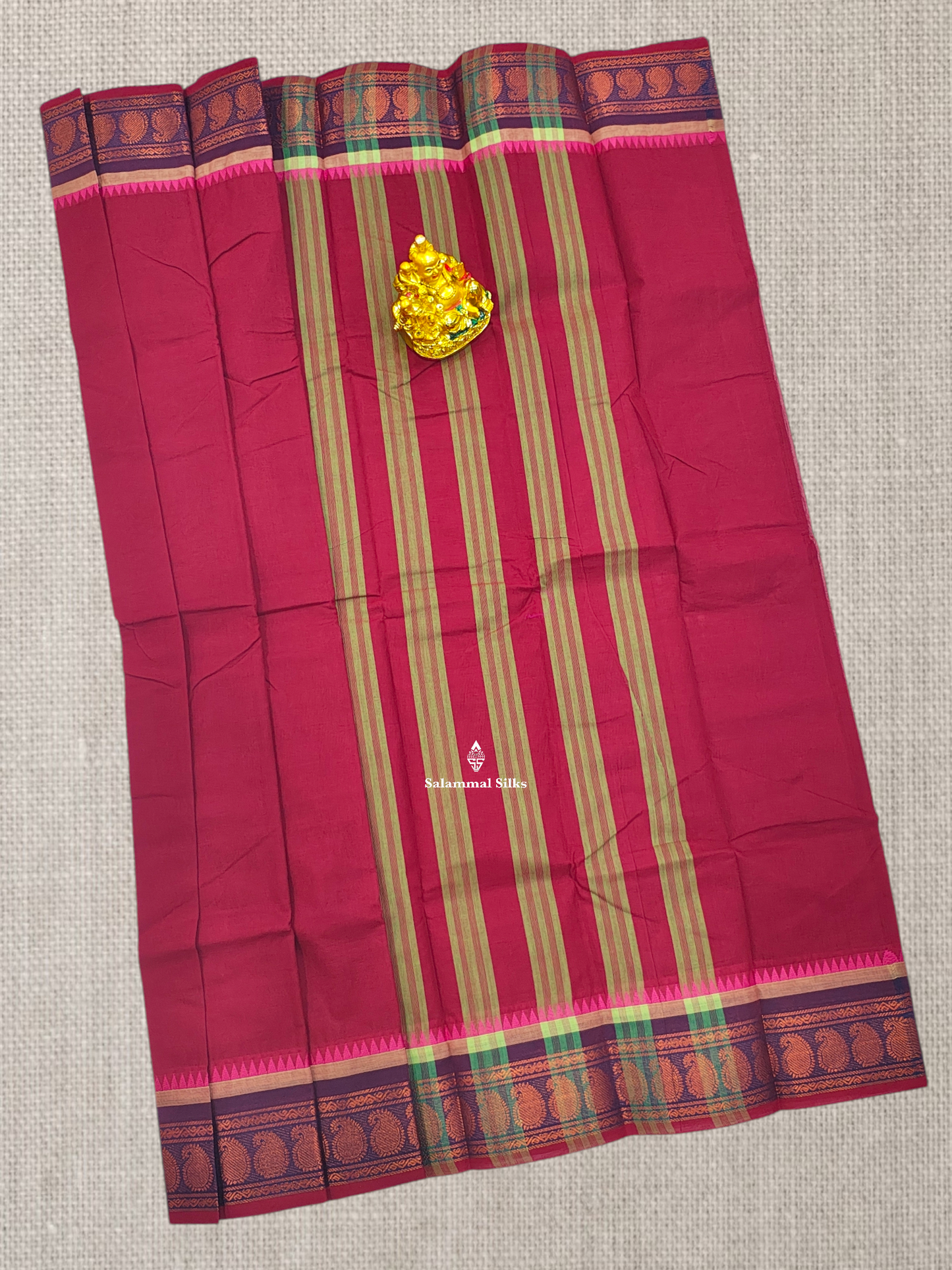 Beautiful Maroon Plain Chettinad Pure Cotton Saree With Traditional Border