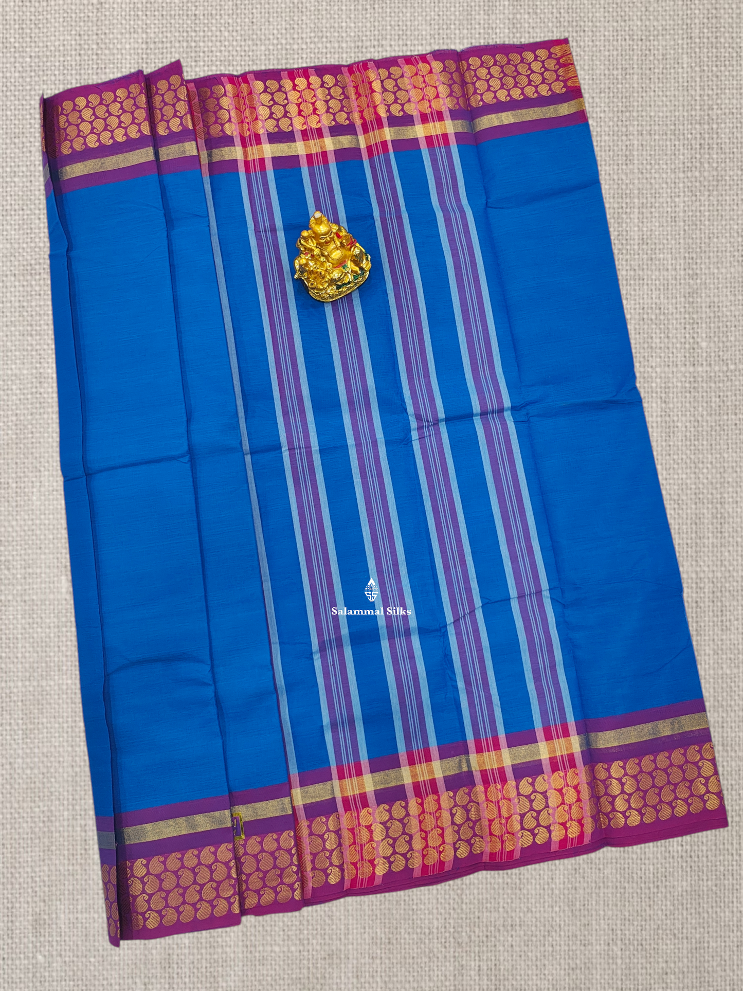 Beautiful Ramar Blue Plain Chettinad Pure Cotton Saree With Violet Border