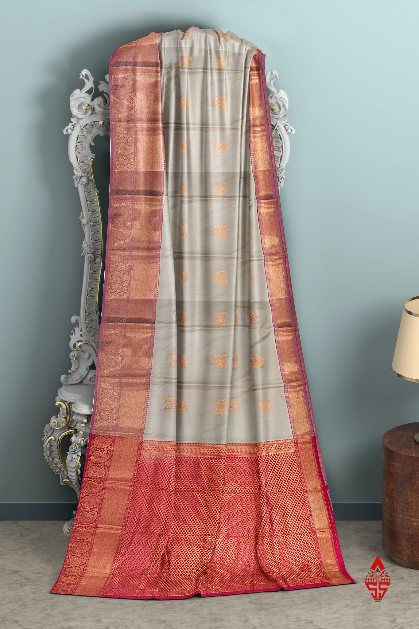 Cream Beautiful Semi Silk Saree With Red Blouse