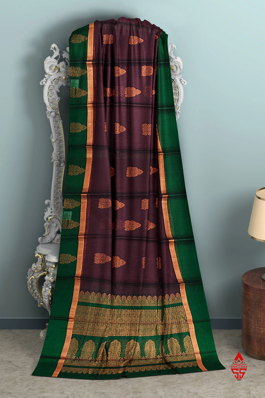 Brown Beautiful SICO Cotton Saree With Bottle Green Border
