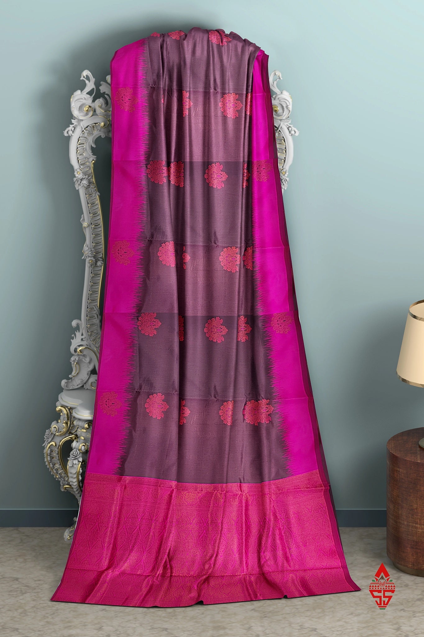 Chocolate Semi Silk Saree With Pink Border