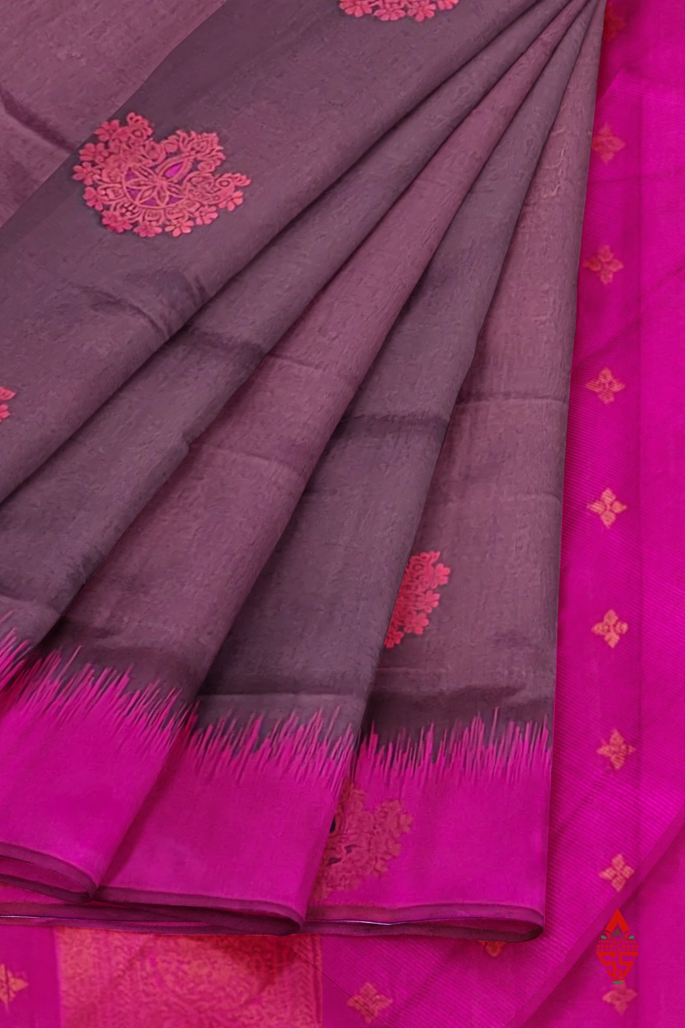 Chocolate Semi Silk Saree With Pink Border