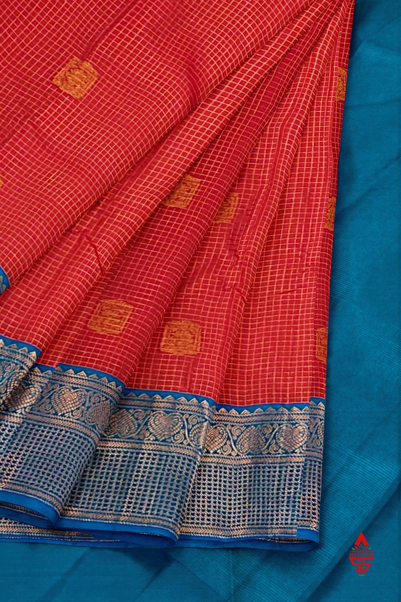 Red Checks Semi Silk Saree With Ramar Blue Border