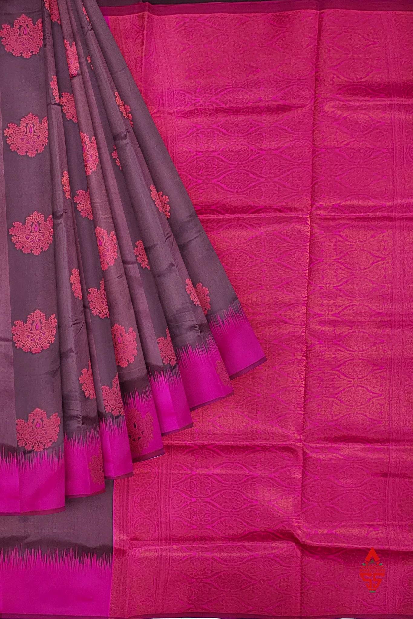 Chocolate Semi Silk Saree With Pink Border