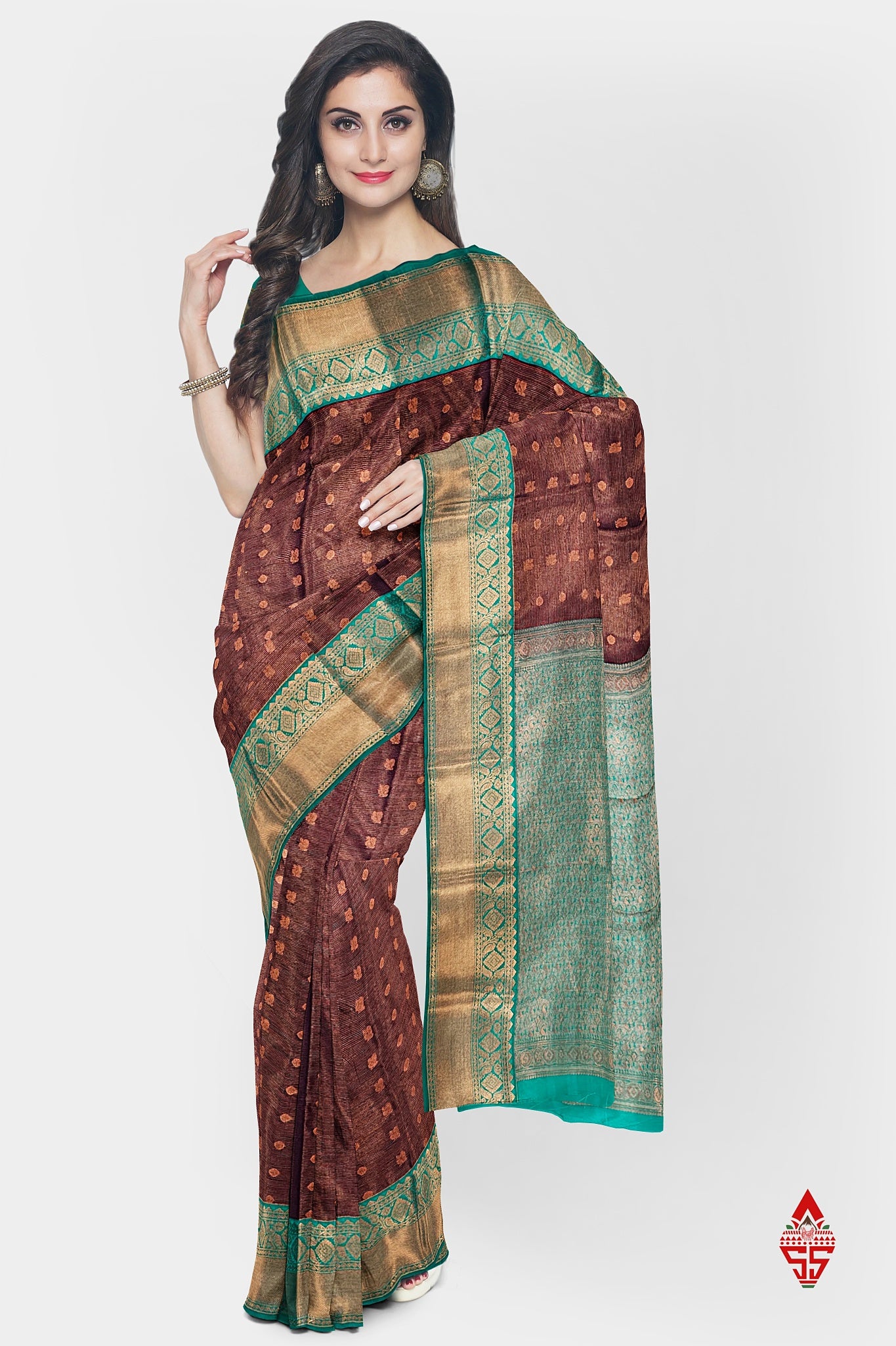 Brown Vairaoosi  Semi Silk Saree With Sapphire Green Border