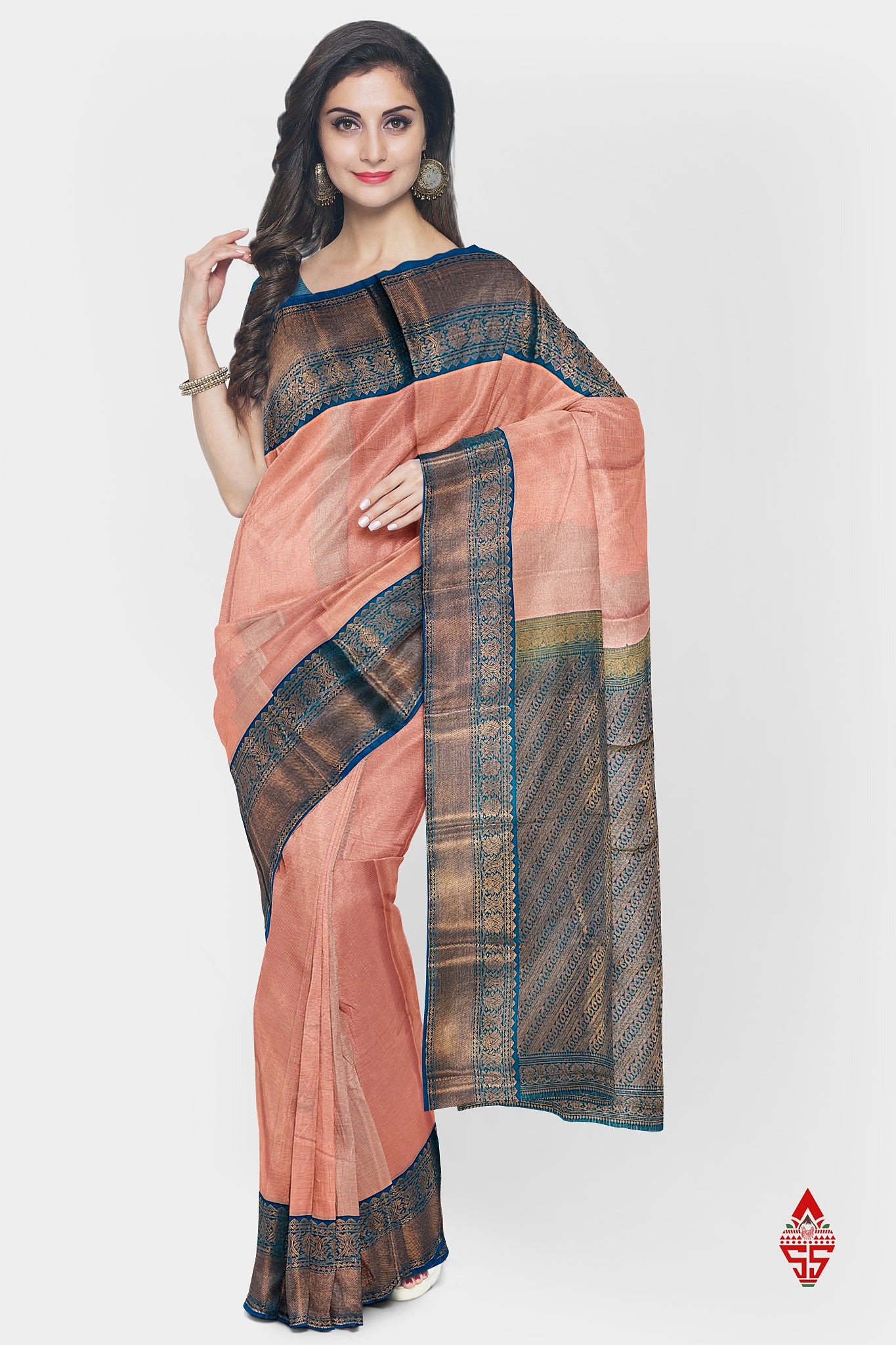 Light Peach Vairaoosi Semi Silk Saree With Ramar Blue Border