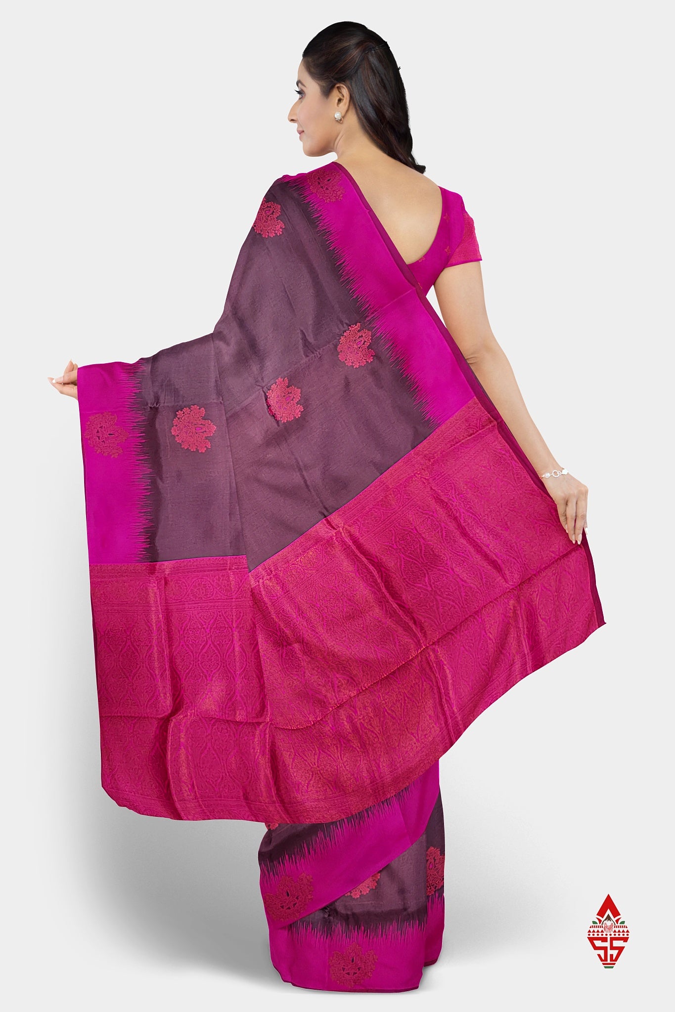Chocolate Semi Silk Saree With Pink Border