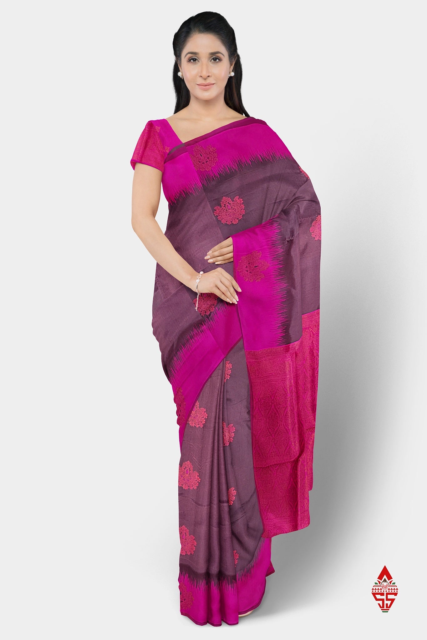 Chocolate Semi Silk Saree With Pink Border