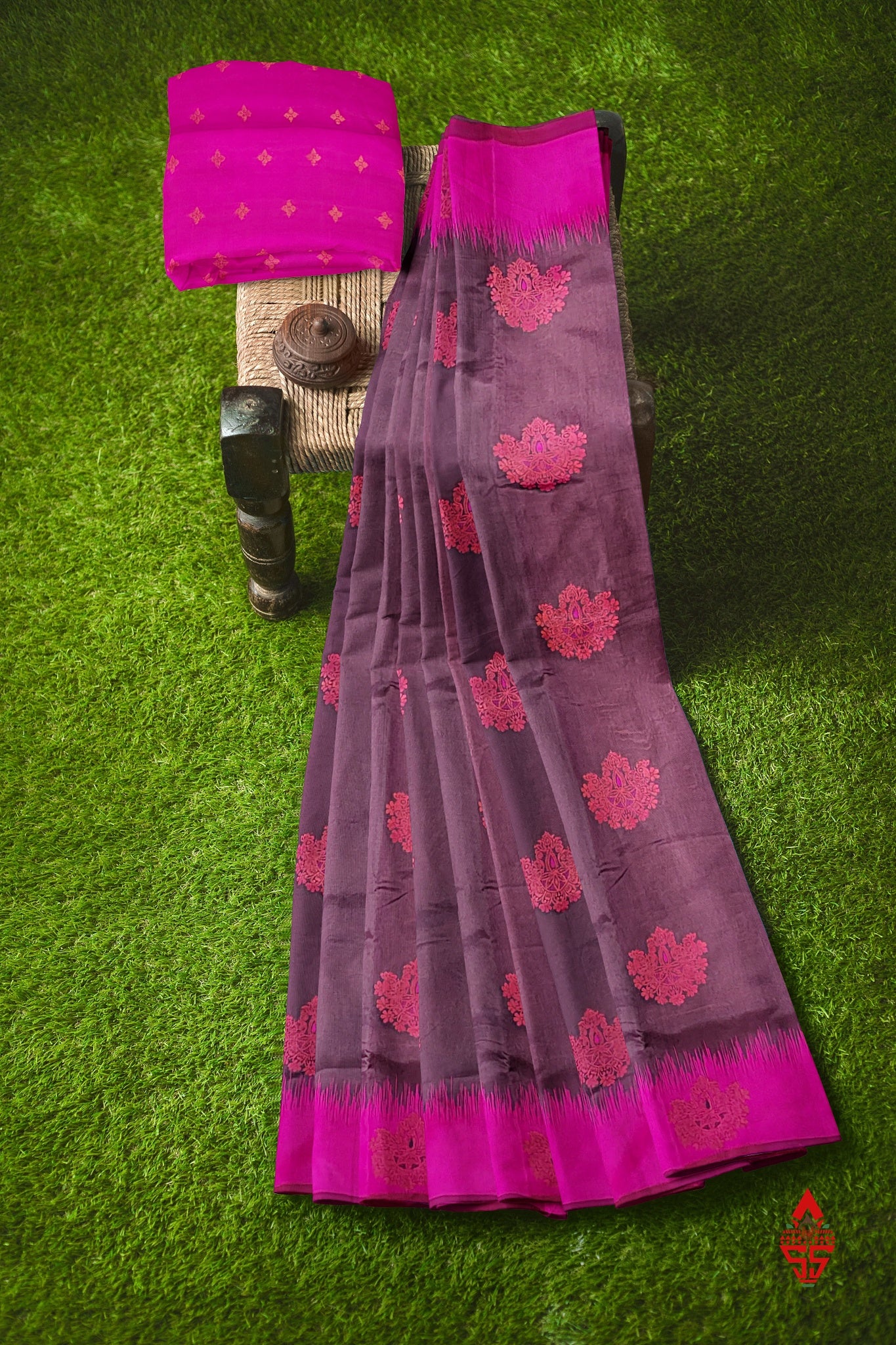 Chocolate Semi Silk Saree With Pink Border